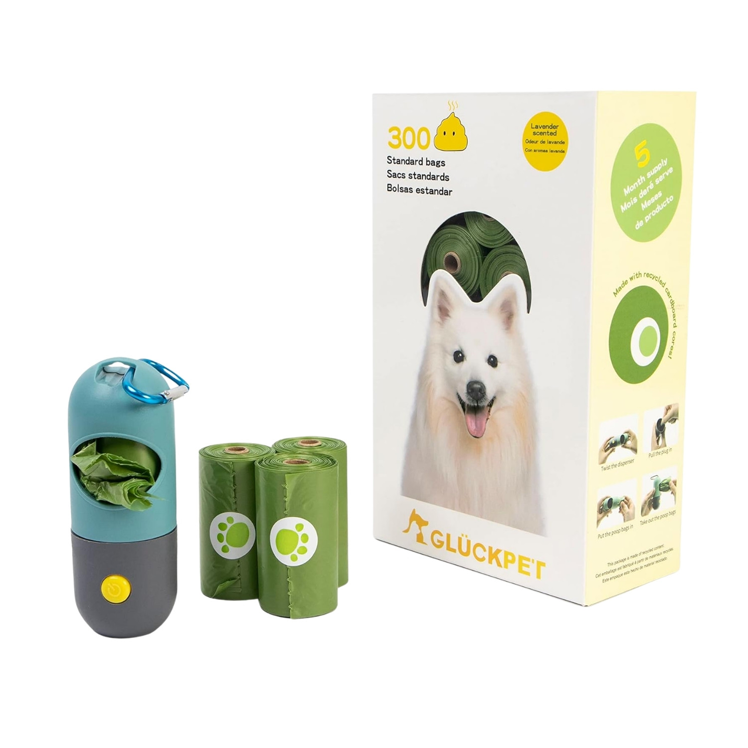 Bolsas Biodegradables para Excrementos de Perros con Dispensador Fragancia Lavanda 300 Unidades Glückpet Bolsas de Basura para P